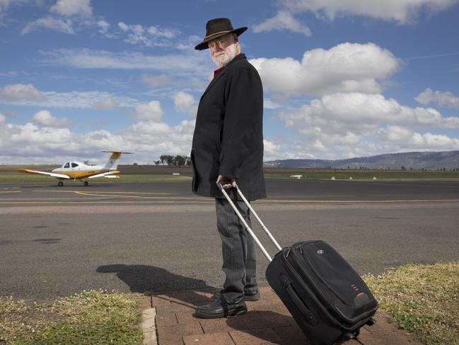 19/04/2019: Phillip Adams stands on the tarmac of Scone Airport in the Hunter Valley after news of his un-ceremonial expulsion from Qantas' exclusive Chairman's Lounge. PIC: Peter Stoop for The Australian