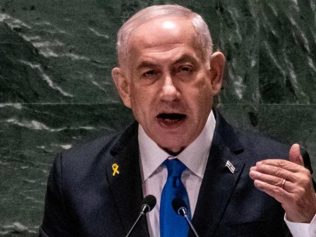 NEW YORK, NEW YORK - SEPTEMBER 27: Israeli Prime Minister Benjamin Netanyahu speaks during the United Nations General Assembly (UNGA) at the United Nations headquarters on September 27, 2024 in New York City. World leaders convened for the General Assembly as the world continues to experience major wars in Gaza, Ukraine, and Sudan, along with a threat of a larger conflict in the Middle East.   Stephanie Keith/Getty Images/AFP (Photo by STEPHANIE KEITH / GETTY IMAGES NORTH AMERICA / Getty Images via AFP)