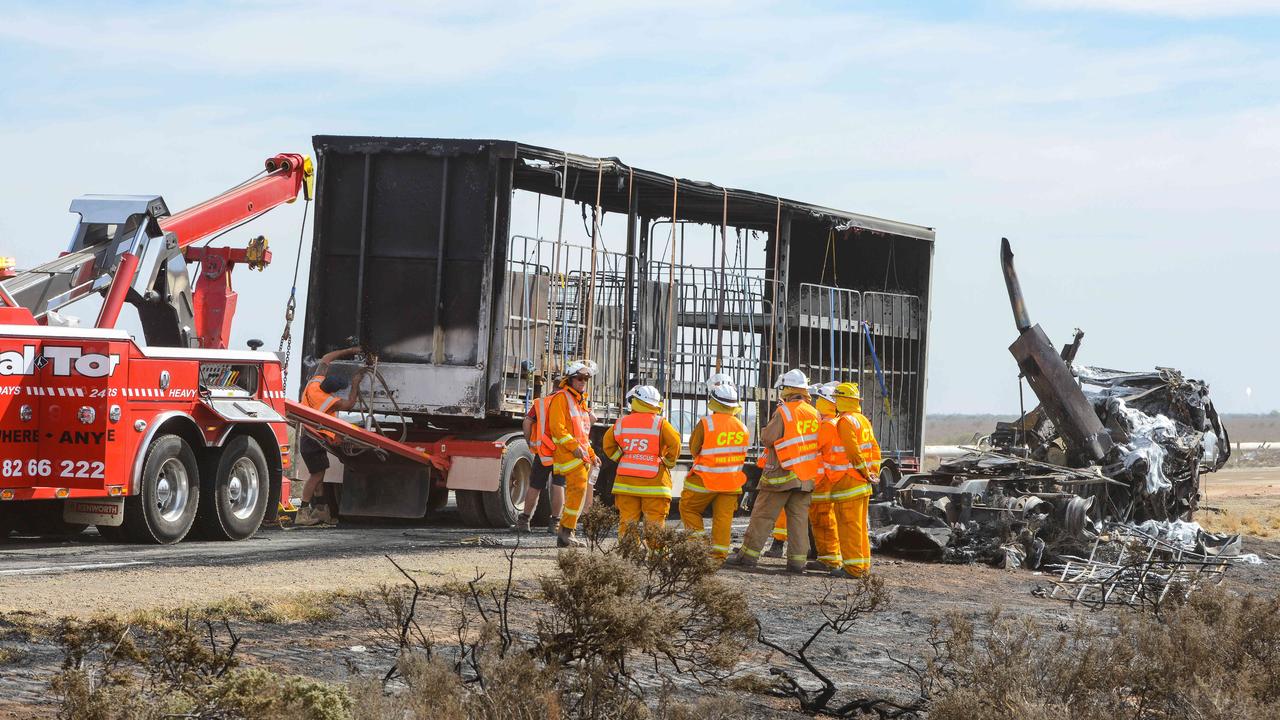 The tragic scene on the Augusta Highway, 30km south of Port Augusta on Friday. Picture: AAP Image/Brenton Edwards