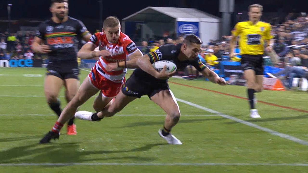 Panthers centre Brent Naden was denied a try despite a Matt Dufty shoulder charge.