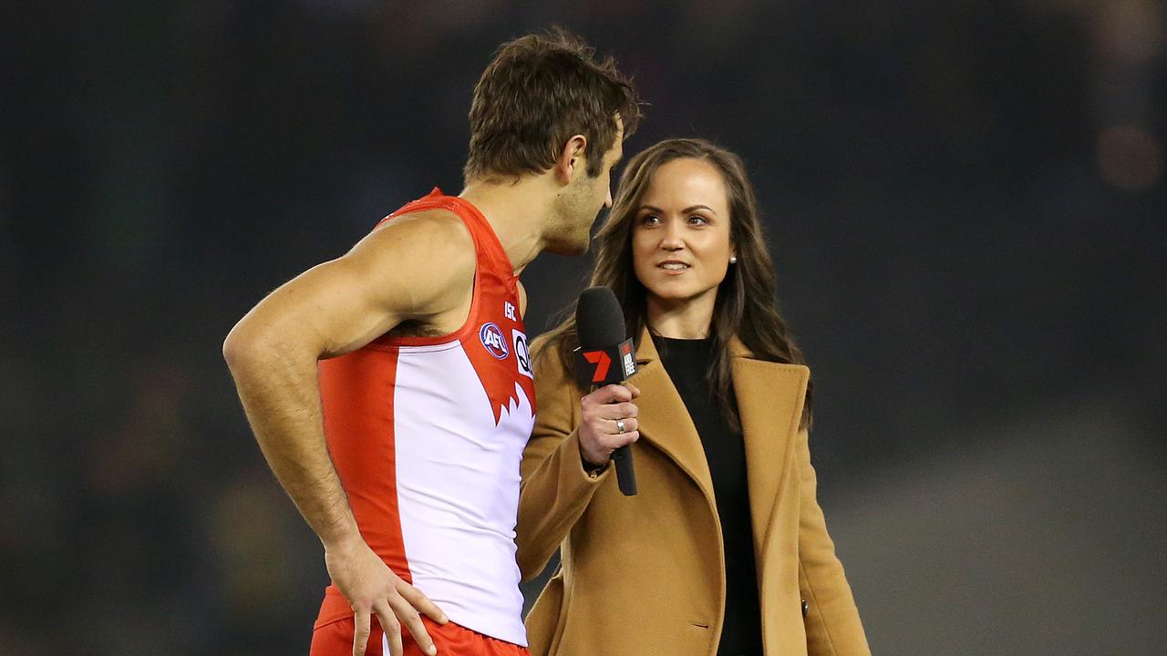 Daisy Pearce interviews Josh Kennedy before a game.