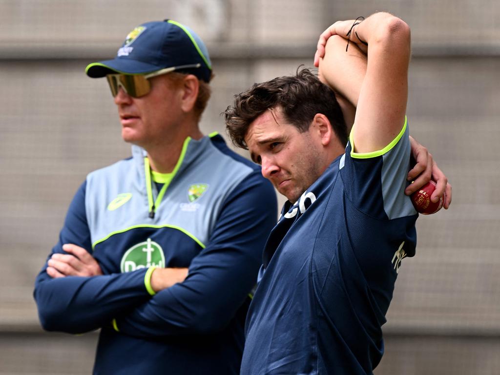 Jhye Richardson with coach Andrew McDonald at the MCG. McDonald says the West Australian will be ready to play Test cricket if called upon at the SCG. Picture: William WEST / AFP