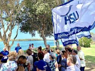 The Health Services Union addresses workers at a protest earlier this year. Picture: Scott Powick