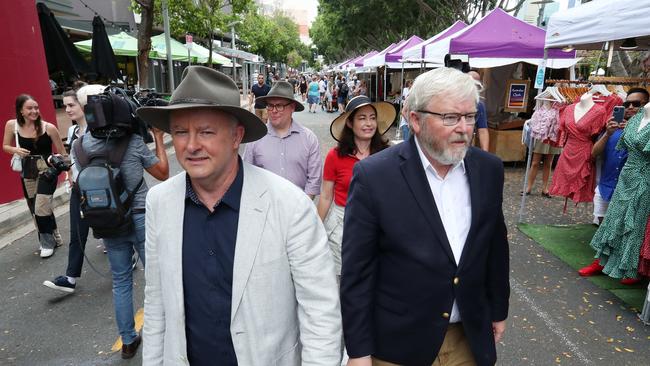 Albanese, with former PM Kevin Rudd in Brisbane. Photographer: Liam Kidston.