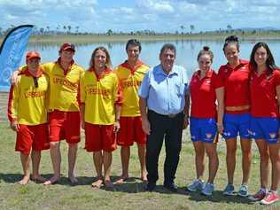 Somerset Regional Council Mayor, Graeme Lehmann with Surf Lifesavers (from left) Morgan Forbes, Jacob Compton, Mitch Pearce, Arthur Hanley, Brigitte Seymour, Carly Flood and Samantha Fien. . Picture: Contributed