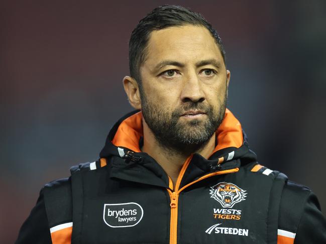 NEWCASTLE, AUSTRALIA - JULY 14: Benji Marshall Assistant Coach of the Tigers pre game during the round 20 NRL match between Newcastle Knights and Wests Tigers at McDonald Jones Stadium on July 14, 2023 in Newcastle, Australia. (Photo by Scott Gardiner/Getty Images)