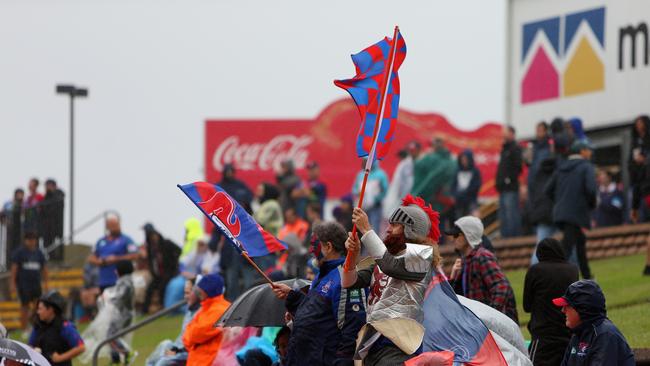 NEWCASTLE, AUSTRALIA - MARCH 14: Knights fans support their team during the round 1 NRL match between the Newcastle Knights and the New Zealand Warriors at McDonald Jones Stadium on March 14, 2020 in Newcastle, Australia. (Photo by Ashley Feder/Getty Images)