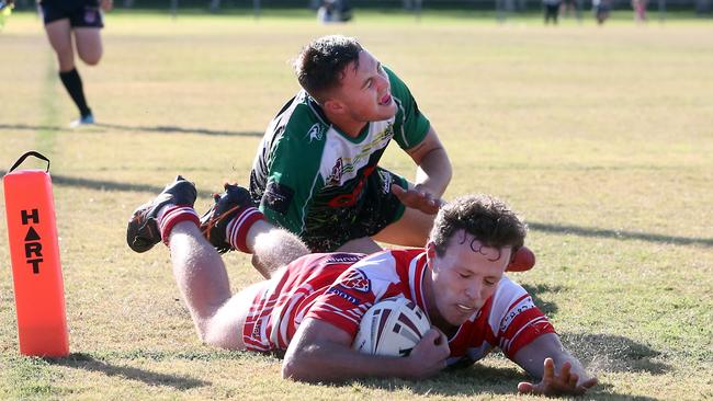 RLGC Round 3 match from Robert Dalley Park. Reserve Grade; Helensvale Hornets vs. Currumbin Eagles. Benjamin Kebby scoring a try. 23 May 2021 Helensvale Picture by Richard Gosling