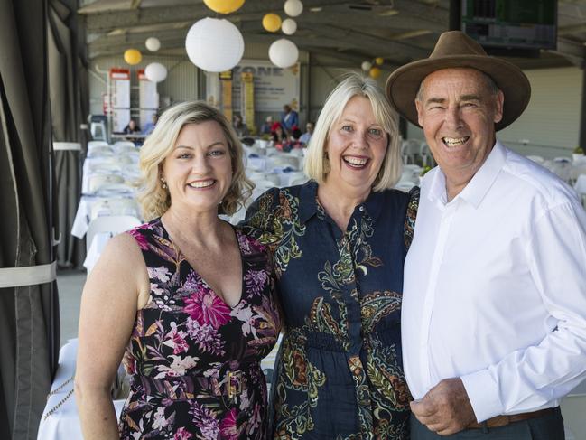 At Warwick Cup race day are (from left) Tanya Goodwin, Wendy Dixon and Mal Dixon at Allman Park Racecourse, Saturday, October 14, 2023. Picture: Kevin Farmer