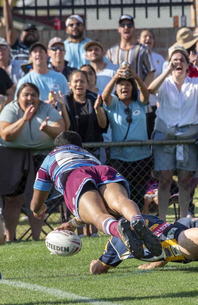 Malcom McGrady scores a try in front of the Goondiwindi supporters. Highfields vs Goondiwindi. 2021 Hutchinson Builders Cup A Grade final. Sunday, September 19, 2021. Picture: Nev Madsen.