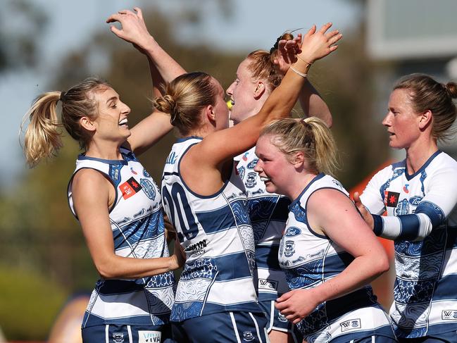 PERTH, AUSTRALIA - OCTOBER 26: Aishling Moloney of the Cats celebrates a goal with teammates during the 2024 AFLW Round 09 match between the Waalitj Marawar (the West Coast Eagles) and the Geelong Cats at Mineral Resources Park on October 26, 2024 in Perth, Australia. (Photo by Will Russell/AFL Photos via Getty Images)