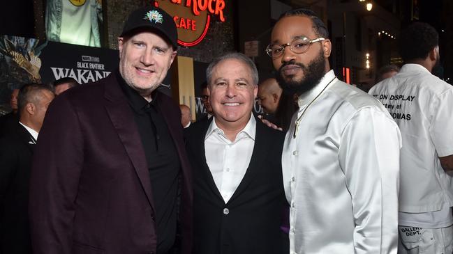 Kevin Feige, president and chief creative officer of Marvel Studios, Alan Bergman, chairman of Disney Studios Content, and Ryan Coogler at the Black Panther: Wakanda Forever world premiere in Hollywood last week. Picture: Getty Images for Disney