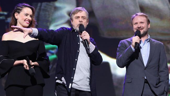 Actors Daisy Ridley, Mark Hamill and director Rian Johnson introduced the clip at this weekend’s D23 Expo. Picture: Jesse Grant