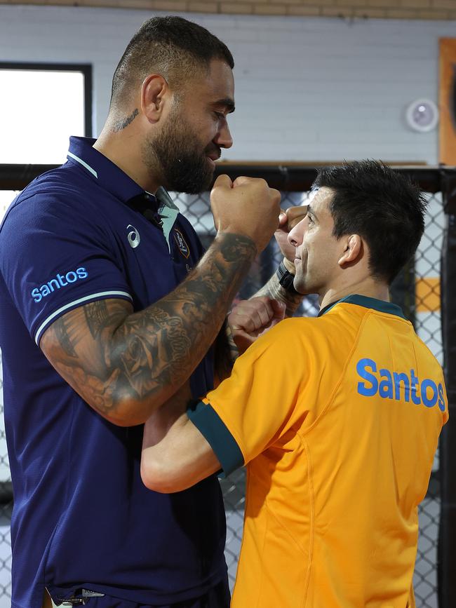 Salakaia-Loto faces off with UFC flyweight Steve Erceg at a joint appearance in Perth on Wednesday. Picture: Paul Kane/Getty Images