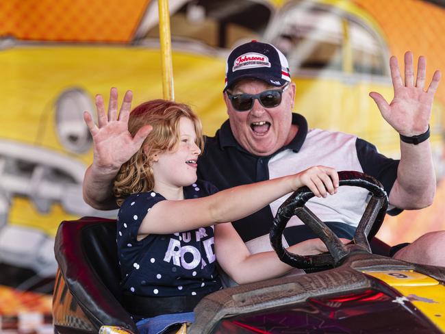 Racing dodgem cars are Annabelle and Michael Codyre at Fairholme Spring Fair, Saturday, October 19, 2024. Picture: Kevin Farmer