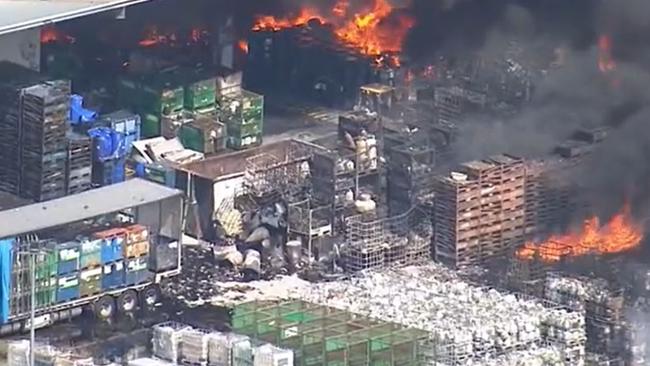 The massive factory fire at St Mary’s continues to burn. Picture: Nine News