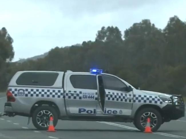 A B-double, two light trucks and two cars were all involved in the accident. Picture: 9News