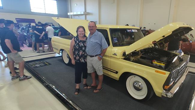 Jeff and Maureen Saverin with the 1978 Ford F100 Custom ute FLAMNGO on display in the Elite Hall at Rockynats. Picture: Rodney Stevens