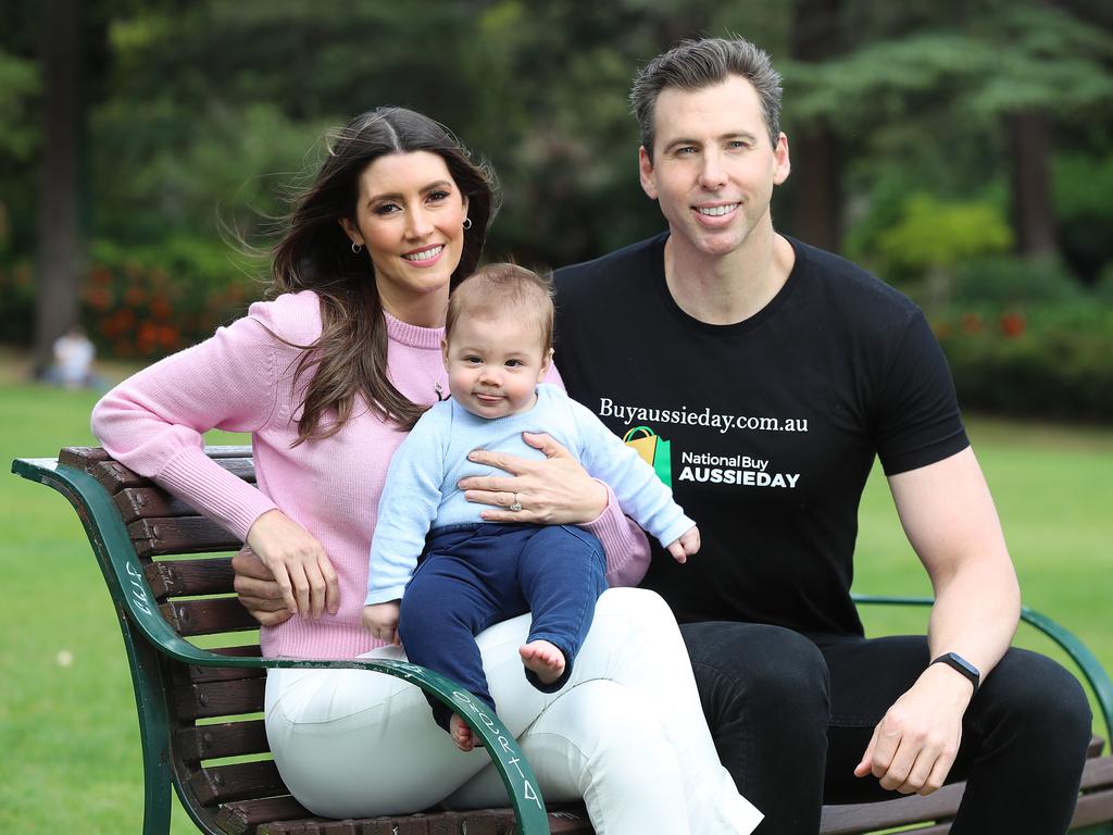 Grant Hackett with his fiance Sharlene Fletcher and their baby boy Edward.