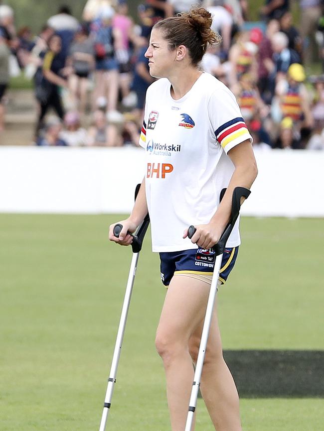 Crows AFLW ruck Jess Foley after injuring her ankle against Carlton at Richmond Oval on Sunday. Picture: Sarah Reed.