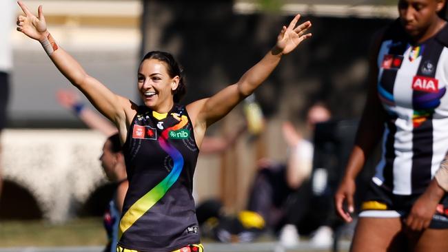 Richmond midfielder Monique Conti has stormed to her first AFLW best and fairest win after North Melbourne star Jasmine Garner was again snubbed by the umpires, missing the top five. Picture: Dylan Burns / Getty Images