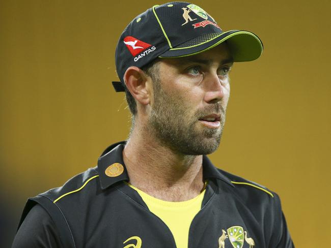 WELLINGTON, NEW ZEALAND - MARCH 03: Glenn Maxwell of Australia looks on during game three of the International T20 series between New Zealand Blackcaps and Australia at Sky Stadium on March 03, 2021 in Wellington, New Zealand. (Photo by Hagen Hopkins/Getty Images)