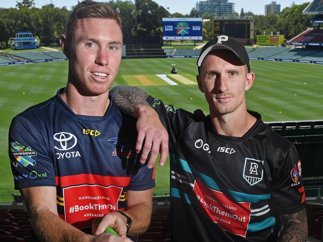 29/01/20 - T20 showdown "draft" at Adelaide Oval today starting at 12.30pm. Tom Lynch (crows) and hamish hartlett (port) will select the four or five remaining players to be on their teams for the Bushfire T20 Showdown at Adelaide Oval on Sunday, February 2.Picture: Tom Huntley