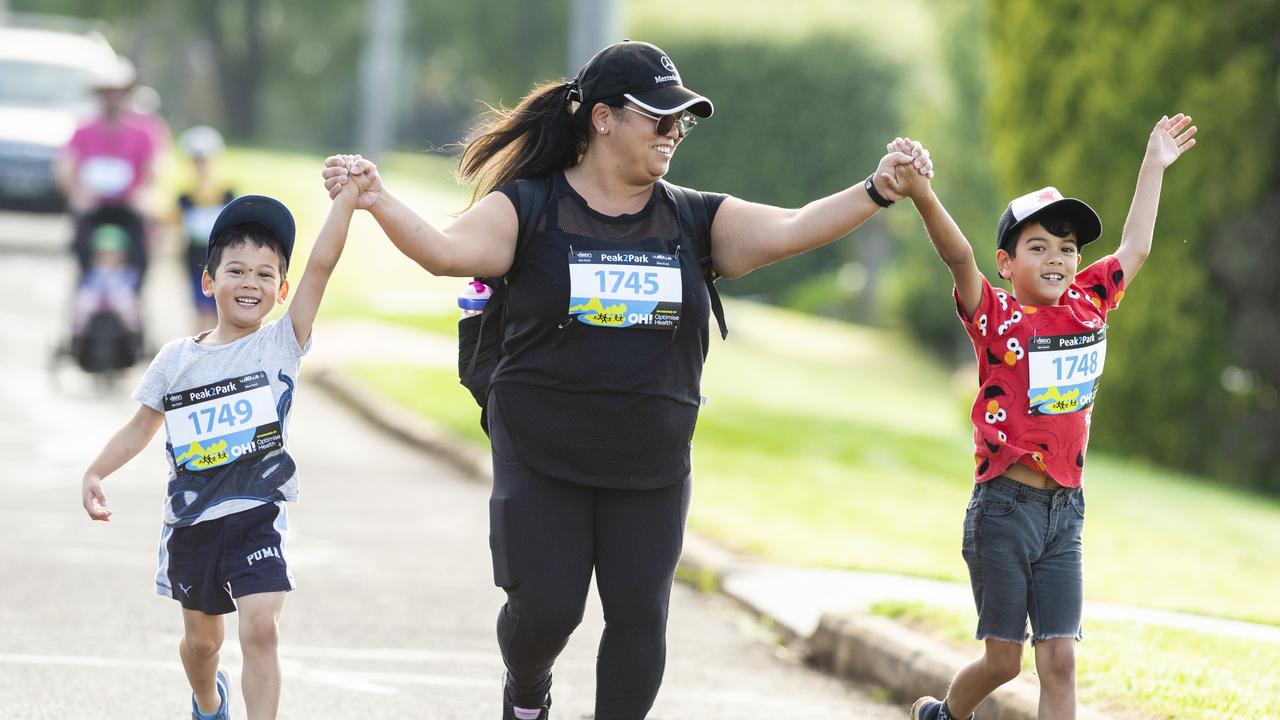 Maria Hay with sons Walter (left) and Humphrey in the 4km event of Peak2Park 2022, Sunday, April 3, 2022. Picture: Kevin Farmer