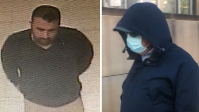 Fouad Hasna, 50, pictured on CCTV cameras the night of the attack, left, and leaving Parramatta District Court. Picture: Kate Lockley