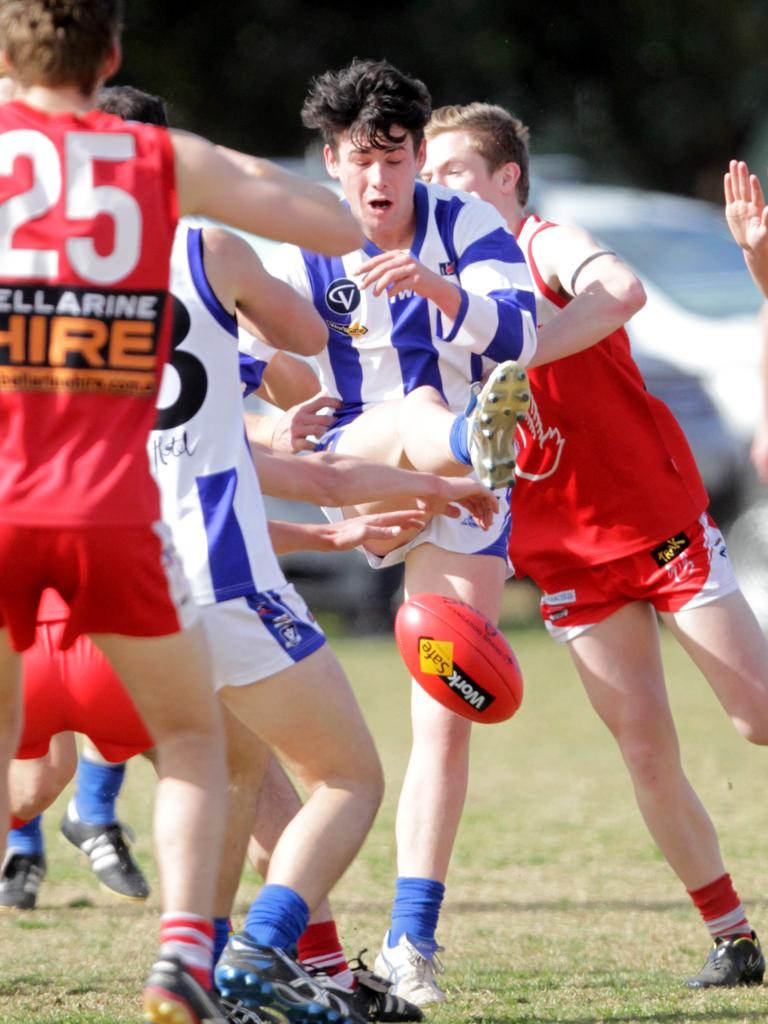 Dale Kerr attempts to get boot to ball against Ocean Grove in the 2015 BFNL elimination final. Picture: Cormac Hanrahan