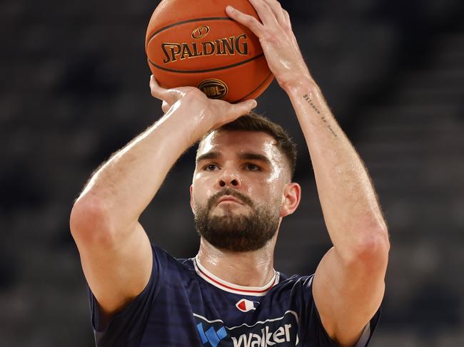 MELBOURNE, AUSTRALIA - NOVEMBER 17: Isaac Humphries of the Adelaide 36ers warms up before the round nine NBL match between Melbourne United and Adelaide 36ers at John Cain Arena, on November 17, 2024, in Melbourne, Australia. (Photo by Darrian Traynor/Getty Images)