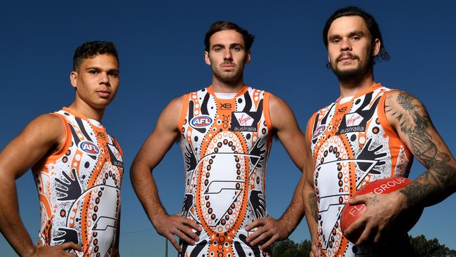 GWS Giants players Ian Hill, Jeremy Finlayson and Zac Williams.