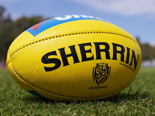 A Sherrin ball is seen during the AFL Marsh Community Series pre-season match between the Richmond Tigers and the Collingwood Magpies at Norm Minns Oval in Wangaratta, Sunday, March 1, 2020. (AAP Image/Michael Dodge) NO ARCHIVING, EDITORIAL USE ONLY
