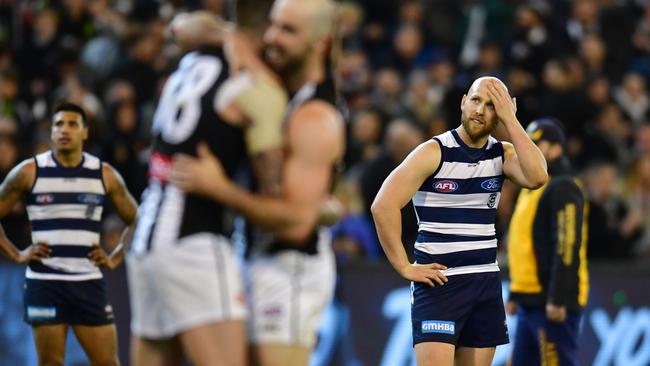 Dejected Cats Tim kelly (left) and Gary Ablett after the loss to Collingwood. Picture: Stephen Harman