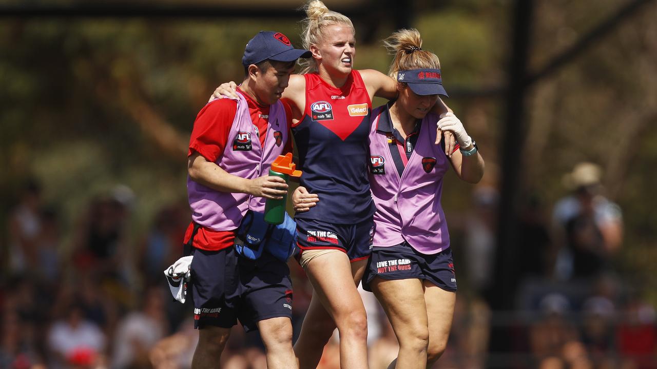 Shae Sloane leaves the ground after injuring her knee on debut. Picture: Daniel Pockett AAP