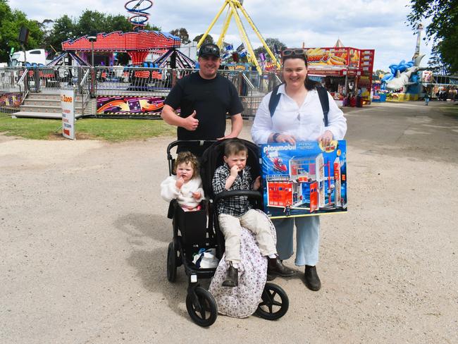 Attendees enjoying the 159th Sale Agricultural Show at the Sale Showgrounds on Friday, November 01, 2024: Lochie McKeever, Freddy, Winnie and Tanya McKeever. Picture: Jack Colantuono