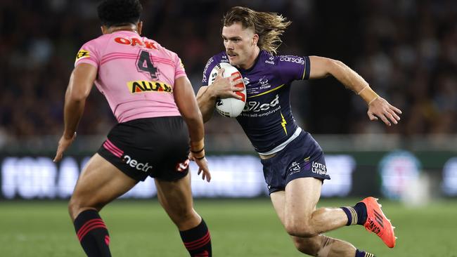 SYDNEY, AUSTRALIA - OCTOBER 06:  Ryan Papenhuyzen of the Storm runs the ball during the 2024 NRL Grand Final match between the Melbourne Storm and the Penrith Panthers at Accor Stadium on October 06, 2024, in Sydney, Australia. (Photo by Cameron Spencer/Getty Images)