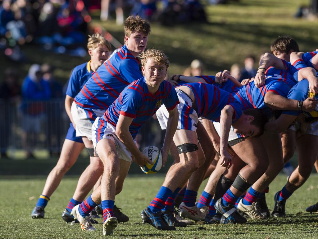 Tom McDonald looks for options for Downlands in O'Callaghan Cup on Grammar Downlands Day at Toowoomba Grammar School, Saturday, August 19, 2023. Pictures: Kevin Farmer.