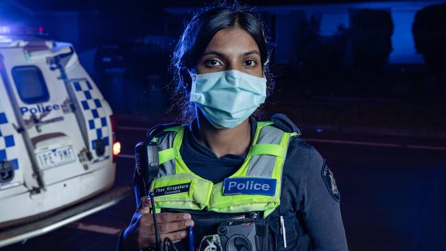 Police officer Thevini Kirupakaran regularly responds to family violence callouts in the Dandenong area. Picture: Jason Edwards