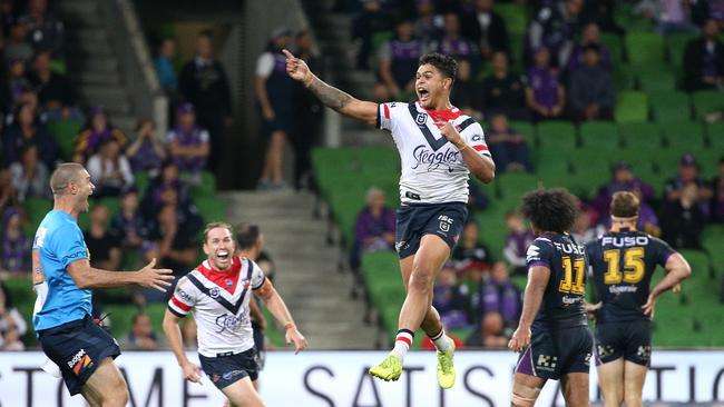 Latrell Mitchell sunk the Storm with a glorious field goal. Picture: AAP