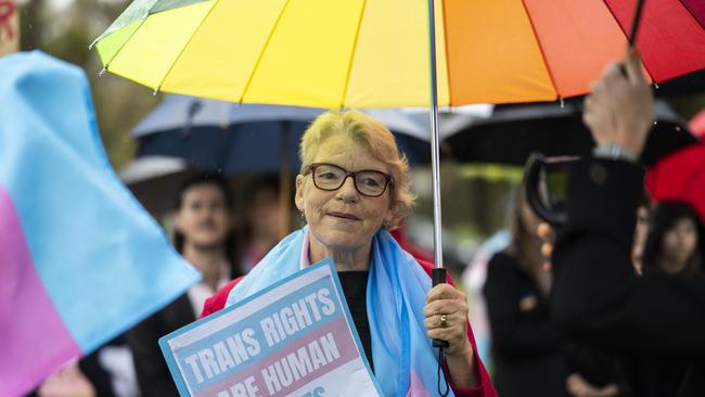 Greens senator Janet Rice joined trans-rights activists. Picture: NCA NewsWire / Martin Ollman