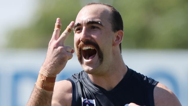 Brayden Crossley from Victoria reacts after scoring a goal during the AAMI State game between South Australia and Victoria at Glenelg Stadium in Adelaide, Saturday, April 6, 2024. (SANFL Image/David Mariuz)