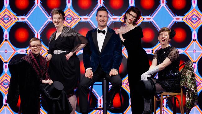 The Sisters of Invention singers Michelle Hall, Annika Hooper, Aimee Crathern and Caroline Hardy, with their show director Michael Griffiths at The Lab. Picture: Matt Turner.