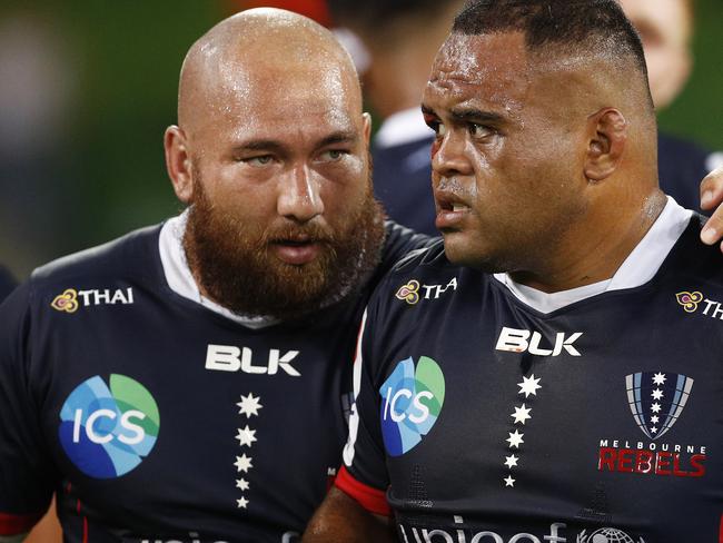 Sam Talakai of the Rebels (right) is seen with Robbie Abel of the Rebels after the Round 3 Super Rugby match between the Melbourne Rebels and the Highlanders at AAMI Park in Melbourne, Friday, March 1, 2019. (AAP Image/Daniel Pockett) NO ARCHIVING, EDITORIAL USE ONLY