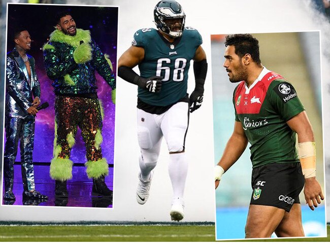 Aussie NFL player Jordan Mailata is a man of many talents. Here he is unleashing his voice on the US version of The Masked Singer, left, running out for Phiily in the NFL, centre, and in action in 2017 for the NRL playing for South Sydney. Pictures: Supplied