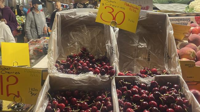 Cherries on sale for $30 per kilo in the Adelaide Central Markets. Picture: Supplied