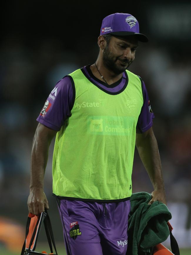 Kumar Sangakkara was relegated to carrying the drinks after struggling in his Big Bash stint. Picture: LUKE BOWDEN