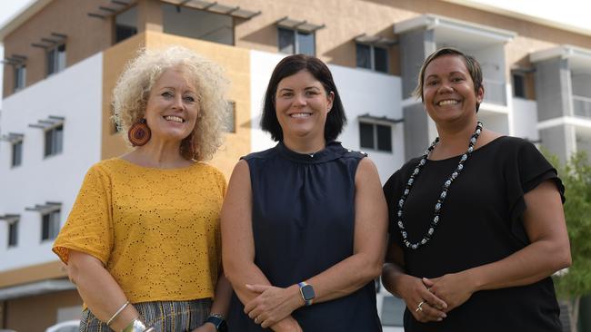 Chief executive Karen Walsh, Chief Minister Natasha Fyles and Housing Minister Selena Uibo announced community housing provider Venture Housing would oversee John Stokes Square in Nightcliff. Picture: (A)manda Parkinson