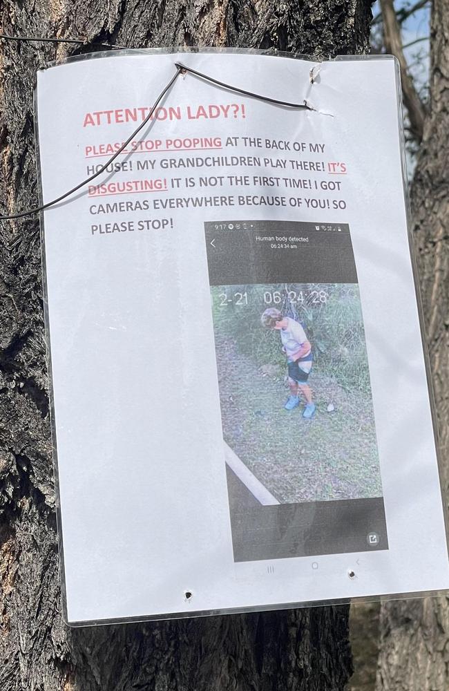 The note posted on a tree in a Sydney suburb after a woman was caught defecating on someone’s lawn. Picture: Reddit