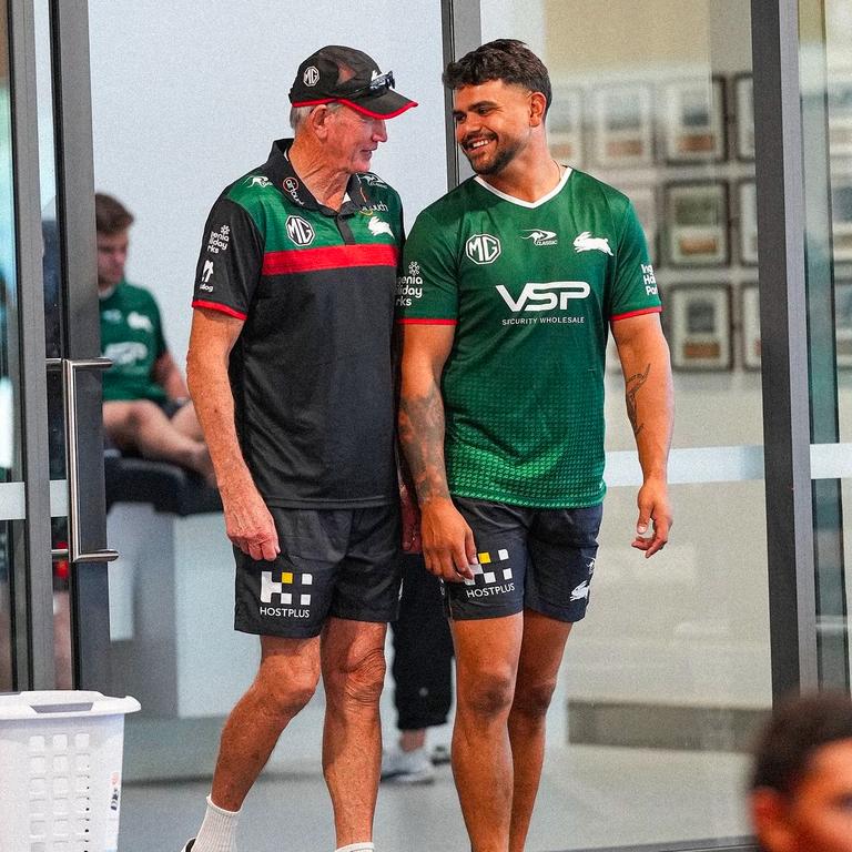 South Sydney coach Wayne Bennett and Latrell Mitchell. Latrell is looking fit as for 2025 but also starts expensive. Picture: Instagram